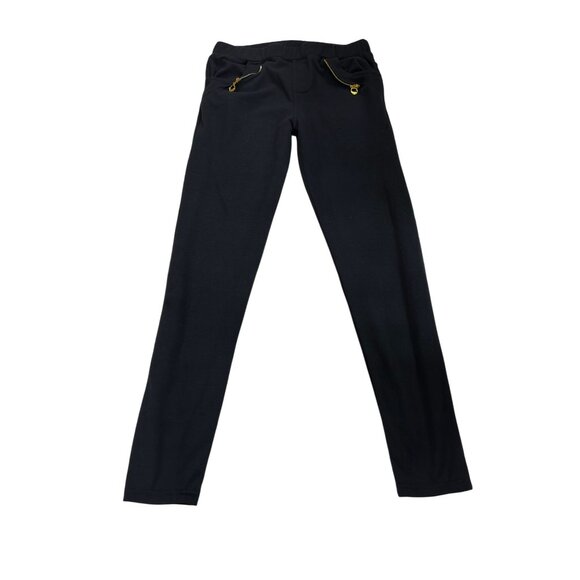 Pants - Black Womens Slim Fit Cotton/Polyester Pants With Gold Zipper Accents